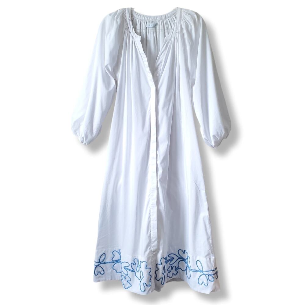 Lake Brunch Midi White Blue Cotton Dress XS Coastal Casual Resort Beach Flaw - Picture 2 of 10